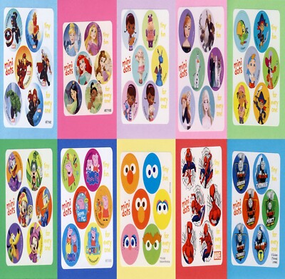 60 Assorted Mini Dot Stickers - Avengers, Mickey Mouse, Peppa Pig, Thomas