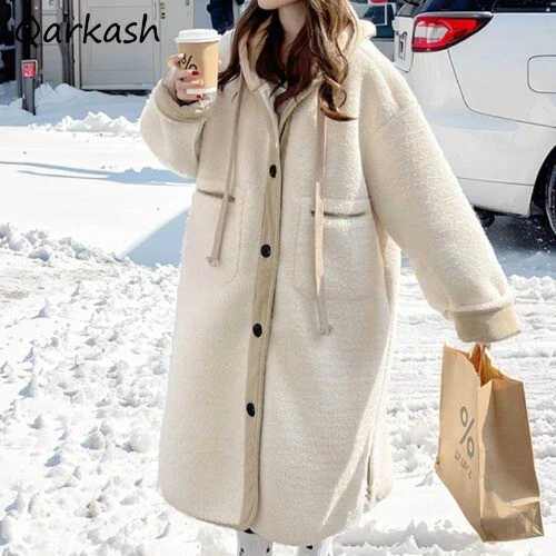 OFF WHITE Cappotti lana con cappuccio donna autunno inverno spesso stile coreano casual lana di agnello sciolti