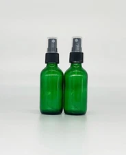 2 -(Two) GREEN 2 oz Boston GLASS ESSENTIAL OIL MIST With BLACK SPRAYER BOTTLES 