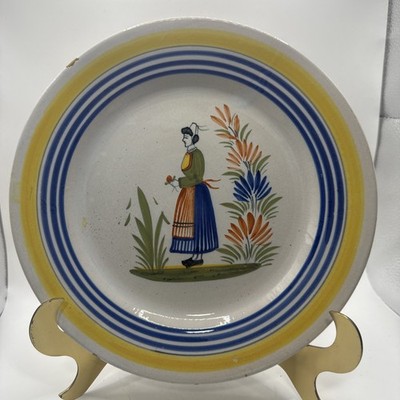 Vintage Henriot Quimper French Faience Breton Woman Floral Pottery Dish Bowl