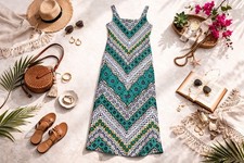 Glamour Maxi Dress 12 | Teal Geometric Chevron Sleeveless Boho | Resortwear