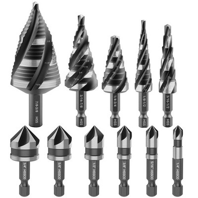5 Pcs 4-Flute Step Drill Bit Set 6 Pcs Countersink Drill Bits 1/4'' Hex