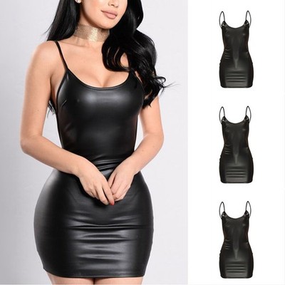Black Sexy Faux Leather Dress Backless Club Party Short Dress Wet Look Latex Bod