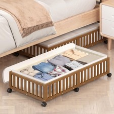Bamboo Under Bed Storage Containers with Wheels, 2 Pack Large Under the Bed S...