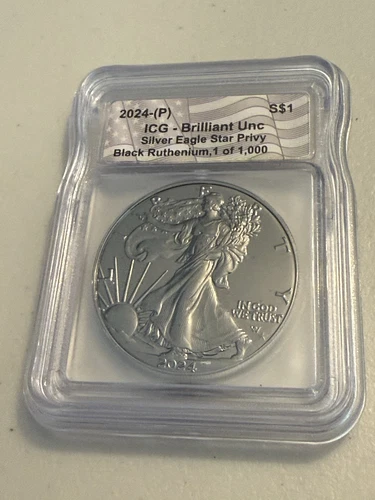 2024 P Black Ruthenium Silver Eagle Star Privy 🌟- 1 oz ICG BU – 1 of 1000 Rare!