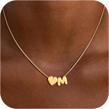 Heart Initial Necklaces for Girls Kids Women - 14K Gold Plated Dainty Heart A-Z