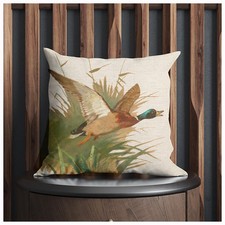 Linen Throw Pillow Covers Mallard Duck Flying Out Reed 18x18 Double Sided Vin...