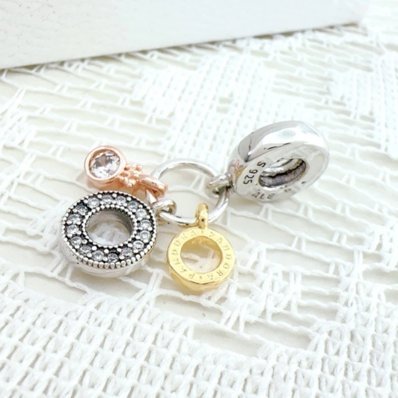 925 Silver & Gold-plated Triple Monogram Pave Dangle Charm fit Moments Bracelet - Image 2 of 4