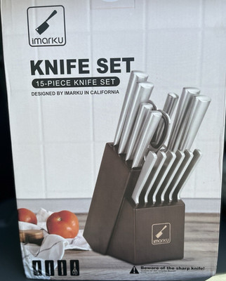 imarku 15-Piece Stainless Steel Knife Block Set w/ Sharpener, Silver/Brown