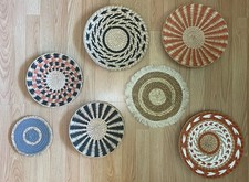 Set of 7 Handmade Round Wicker Wall-Mounted Baskets, Multicolor Boho