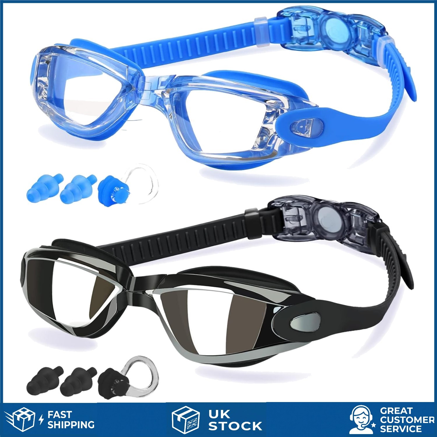 Stylish Anti Fog UV Protection Leak Proof Swim Goggles with Earplugs 2 Pack