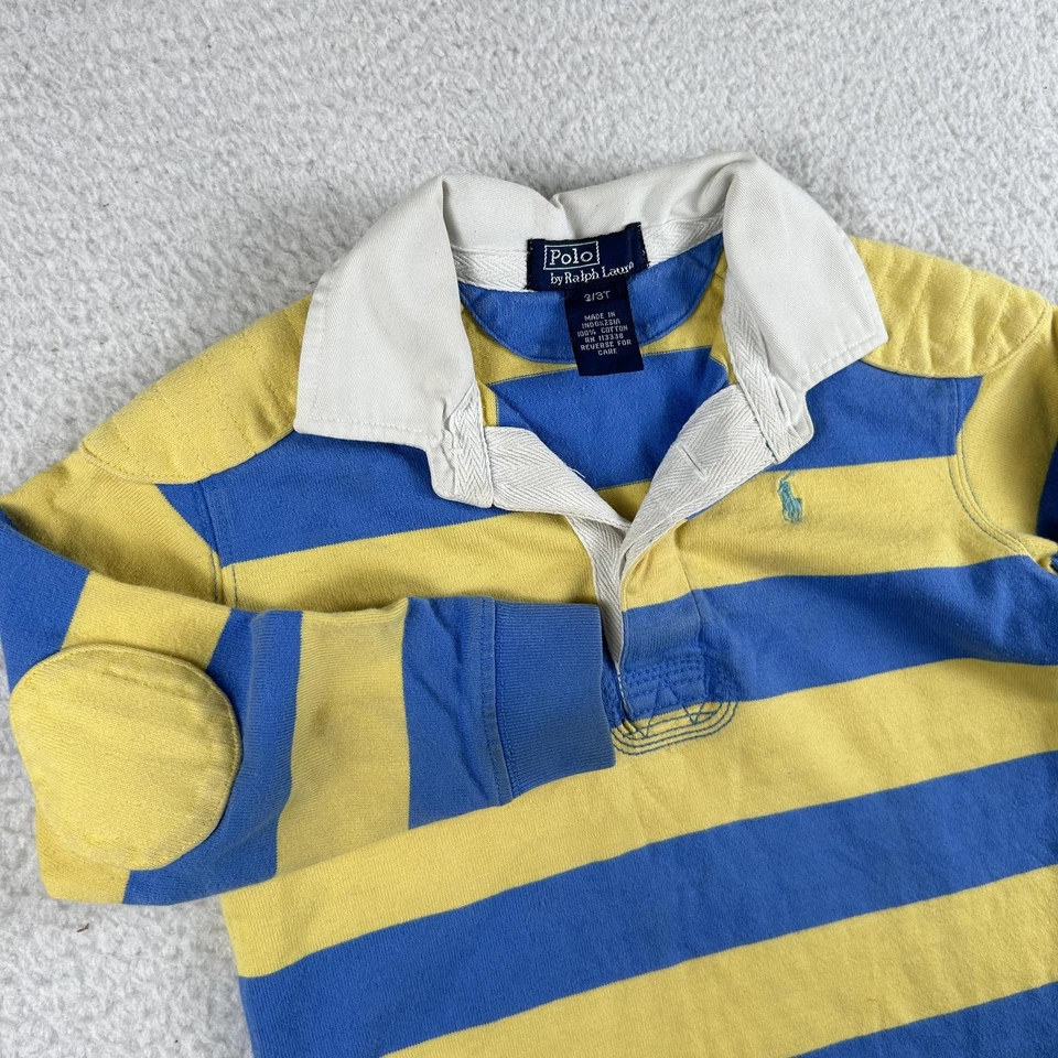 Винтажная рубашка Polo Ralph Lauren для мальчиков 3T желтая синяя полоса регби с длинным рукавом хлопок - Изображение 2 из 4