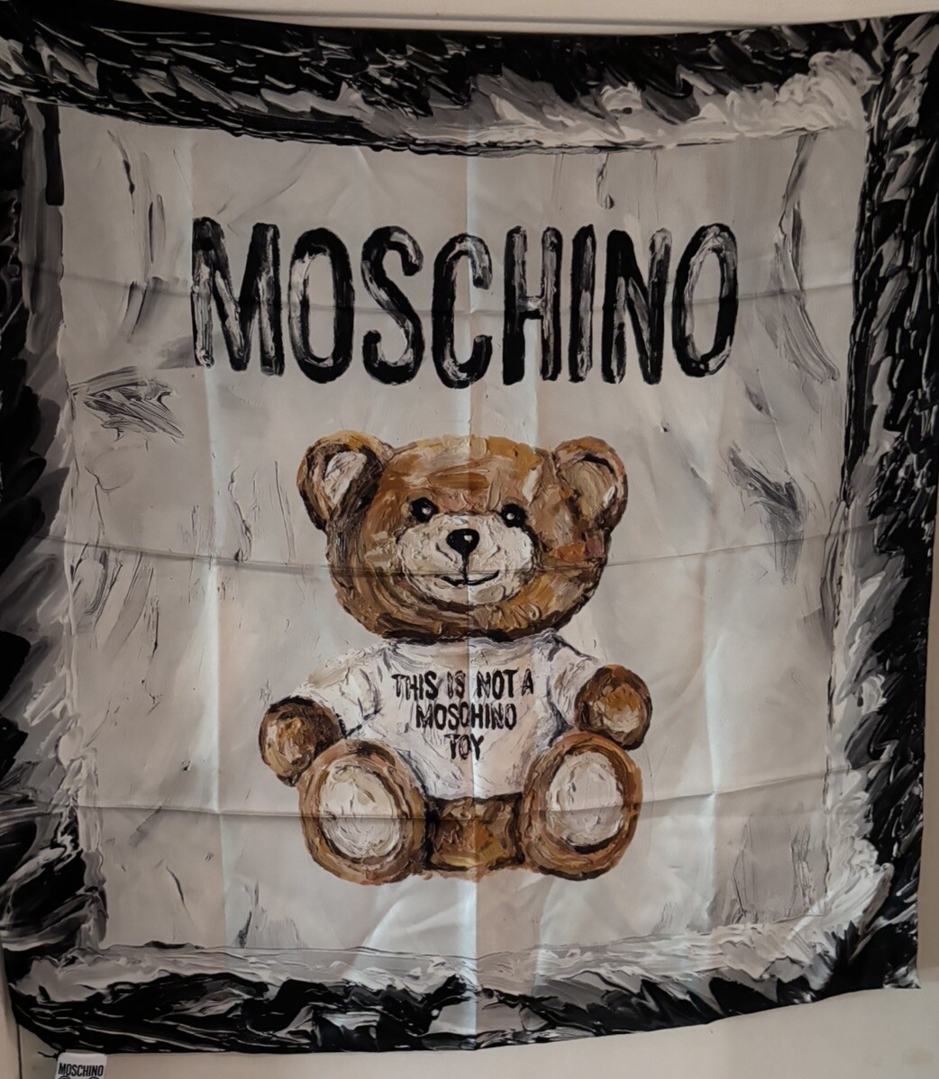 NWT $260BOUTIQUE MOSCHINO Scarf Toy Teddy Safety Pins Twill Silk
