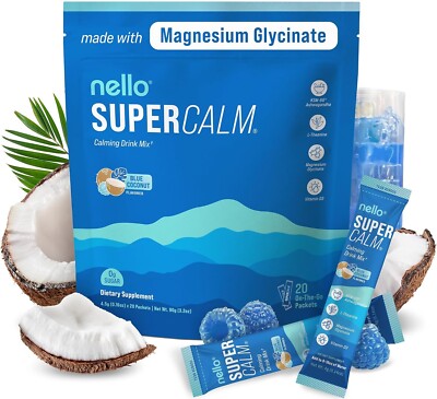 20 Packets NELLO Supercalm Powdered Drink Mix, Blue Coconut 3.2oz