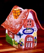 Blue Sky Clayworks Red Roof WELCOME 6.25” Cottage Tea Light Candle House NEW