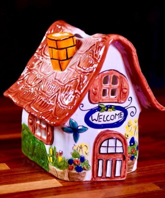 Blue Sky Clayworks Red Roof WELCOME 6.25  Cottage Tea Light Candle House NEW