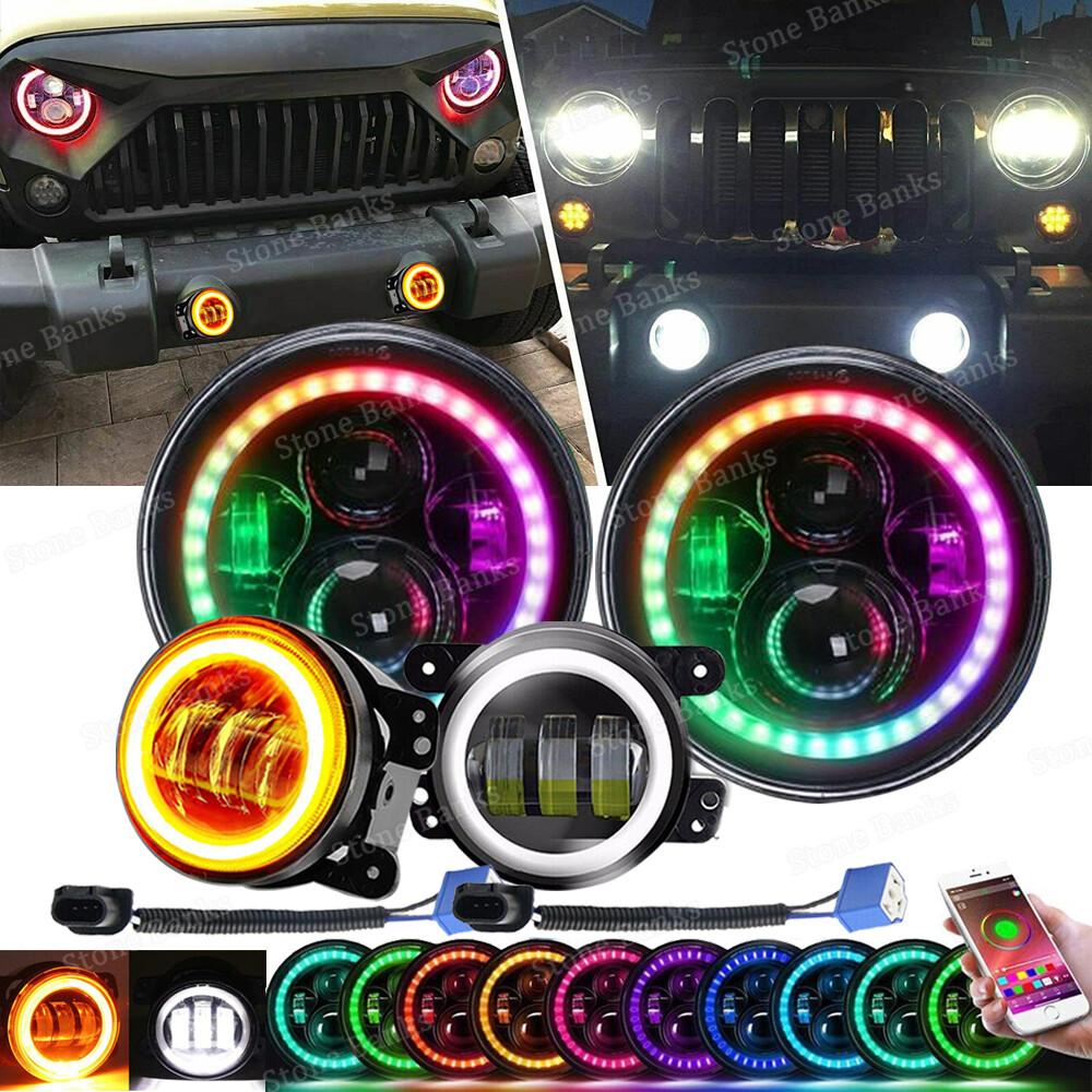 Jeep Wrangler JK 2007-17 RGB 7 Inch Halo LED Headlights with 4 Inch Fog Lights Combo Kit