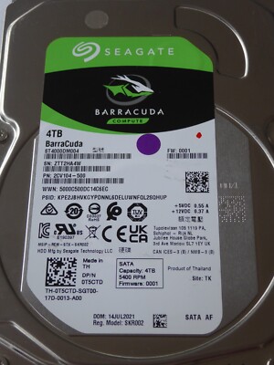 Seagate ST4000DM004 4TB SN: ZTT PN: 2CV104-568 FW: 0001 TK NOV2020 - JUL2021