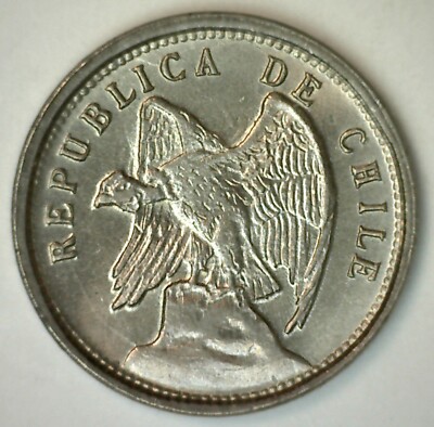 1922 Chile 5 Centavos Coin Uncirculated Defiant Condor on Rock Copper ...