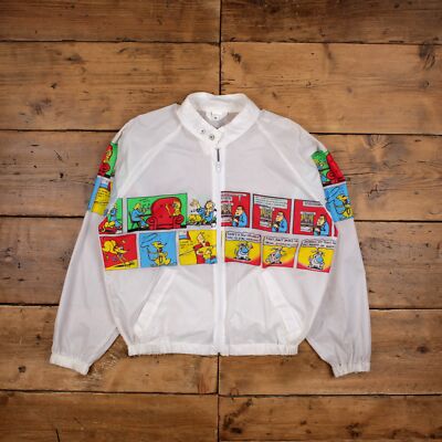 Vintage Windbreaker Jacke M 80er Comic Strip Raglan weiß