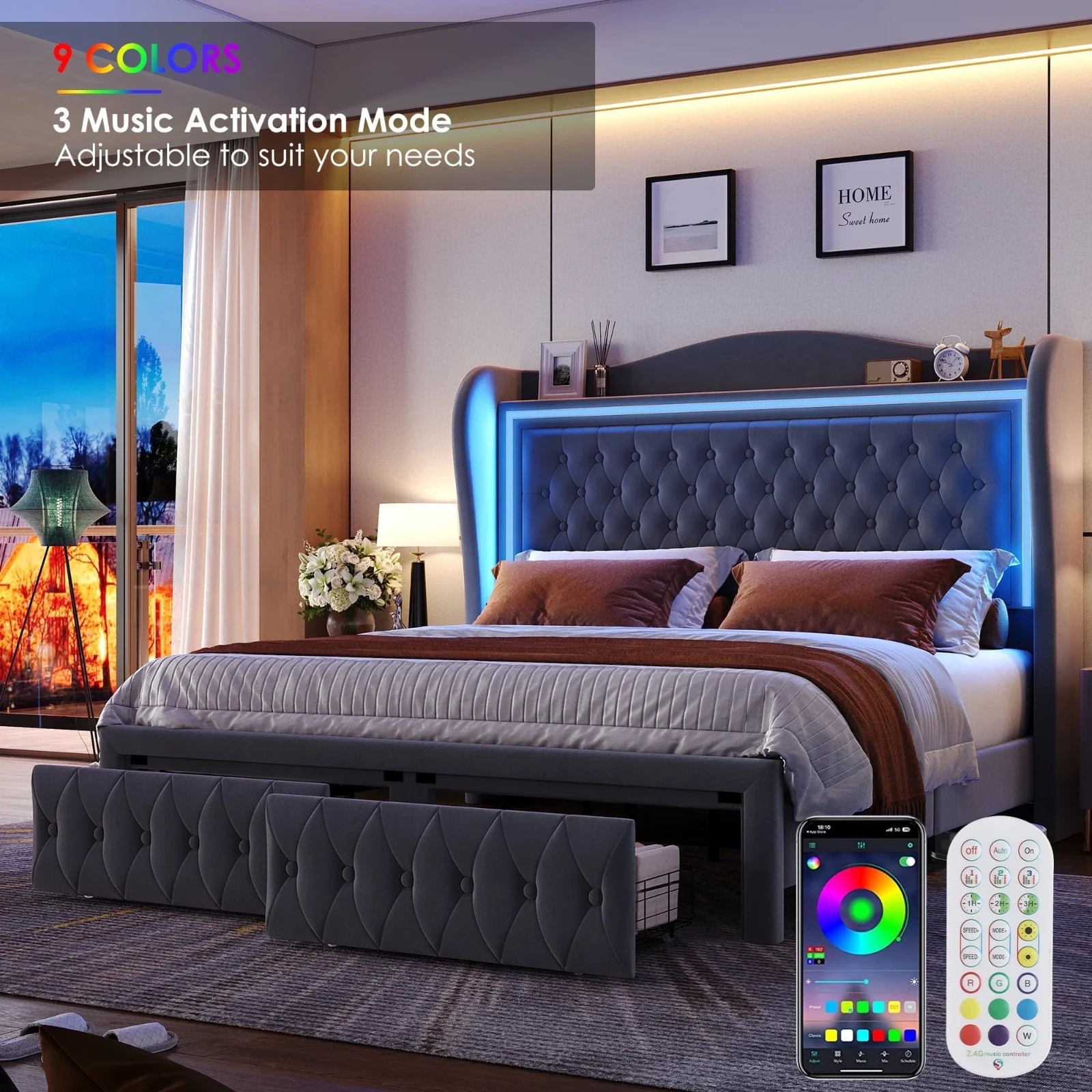 Marco De Cama Plataforma Con Almacenaje LED Luz Cabecera King Tapizada Velvet