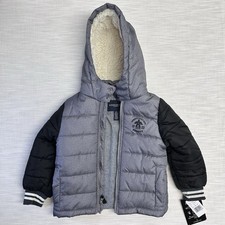 London Fog Winter Puffer Coat Boys Size 4 Full Zip Hooded Faux Sherpa Fleece