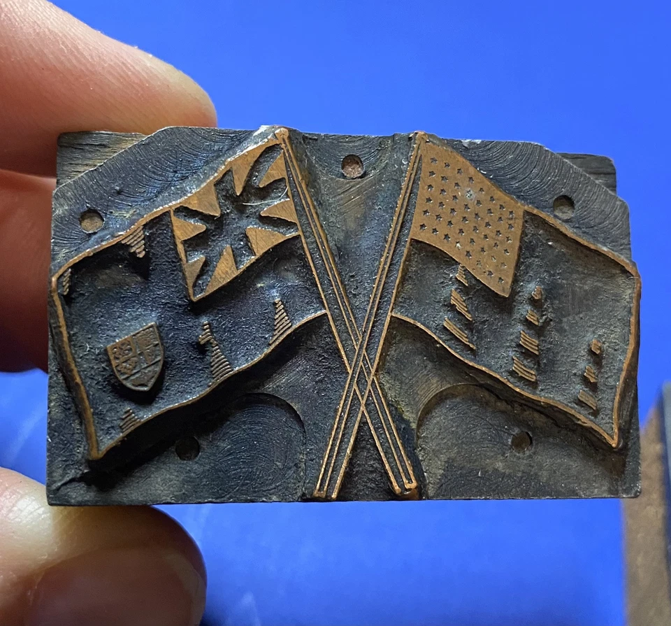 Vintage Letterpress Printing Blocks Flags Antique - Image 2 of 4