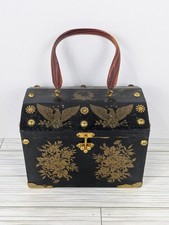 VINTAGE HAND MADE DECOUPAGE BOX PURSE BLACK OOAK EAGLES FLOWERS SWANS BUTTERFLY