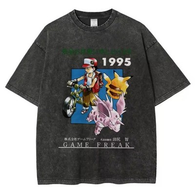 Vintage Wash Monster Trainer Graphic T-Shirt 1995 Retro Anime Streetwear Tee