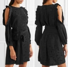 Maje Cold Shoulder Ruffle Rod Black Paisley Dress, Above-Knee, Tie Waist - Sz 2