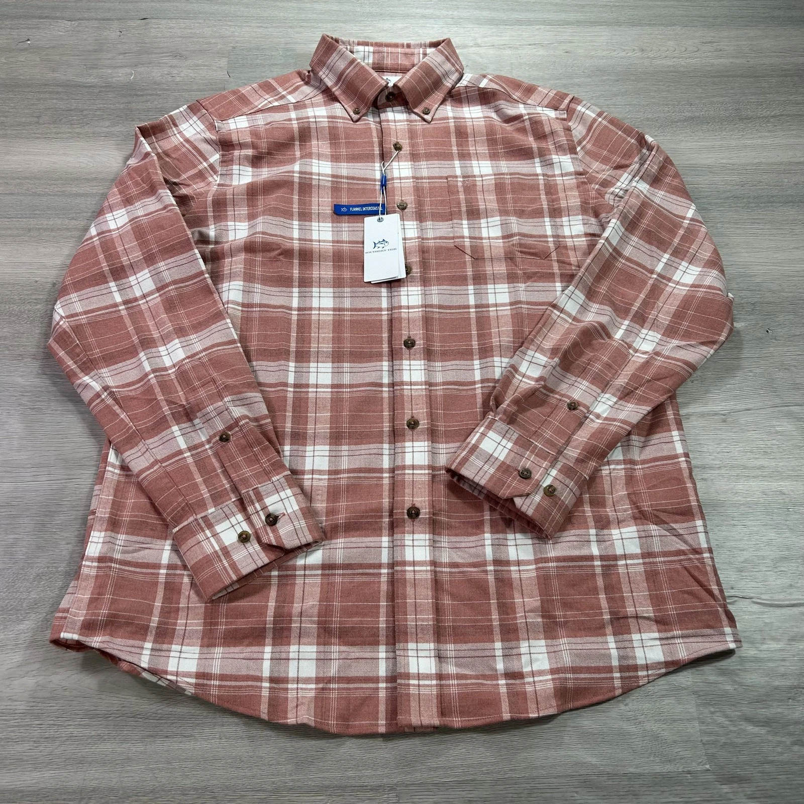 NEW Southern Tide Shirt Mens Medium Heather Dusty Coral Plaid Flannel Stretch UV