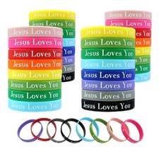MATEPLUS 60 Pcs Jesus Loves You Rubber Bracelets, One Size, 12 colors