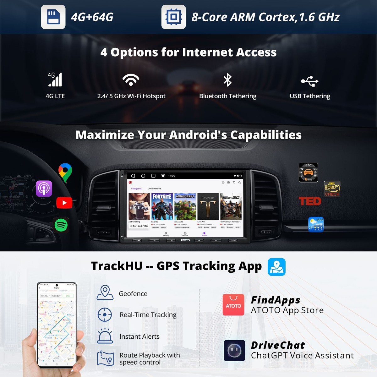 ATOTO A6PL 7in QLED Screen 2DIN Car Stereo Bluetooth GPS Radio 4G+