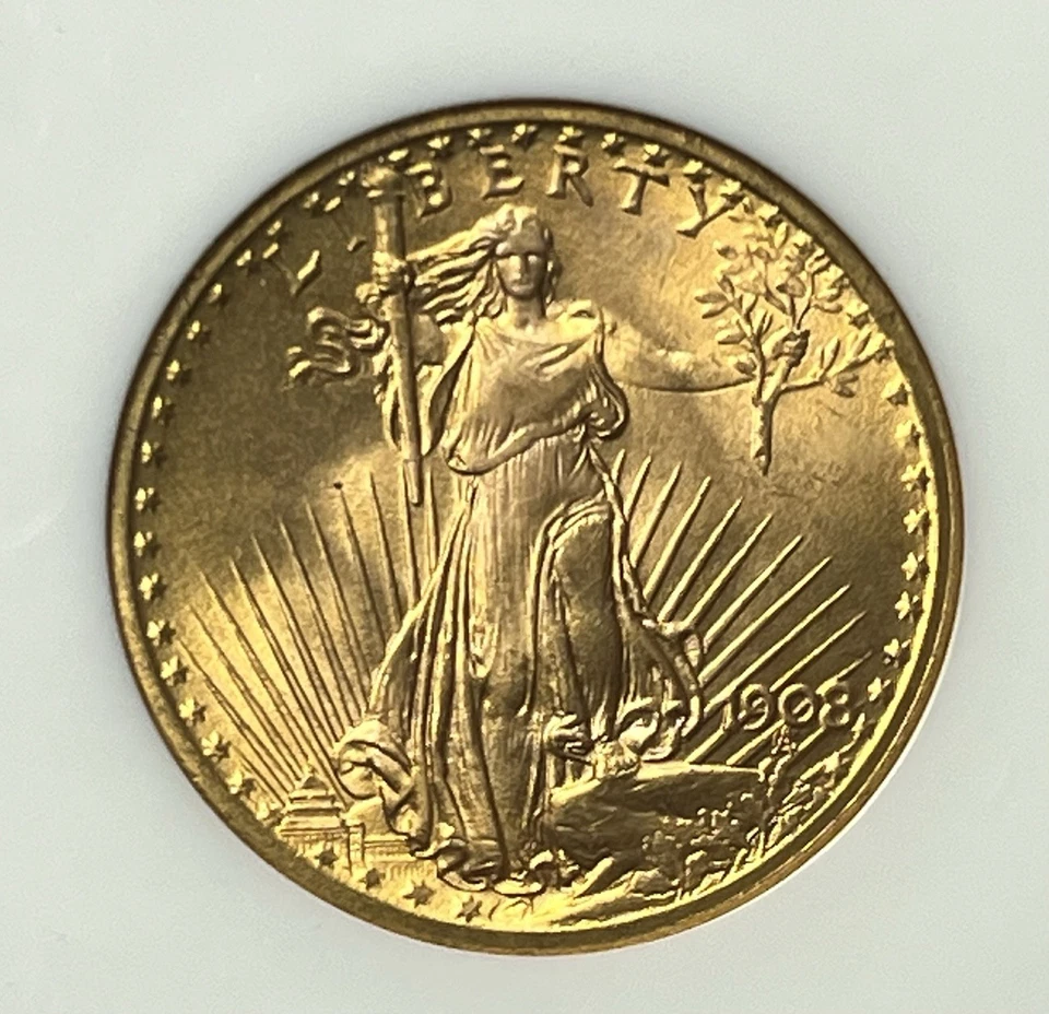 1908-P $20 Saint Gaudens Oro Doble Águila NGC MS67 Wells Fargo Tesoro NUEVO Foto 3 de 4