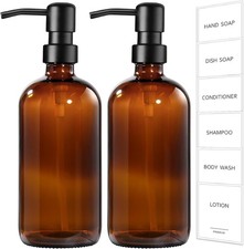Amber Glass Soap Dispenser 2 Pack Bathroom Hand Soap Dispensers W/ Stainless