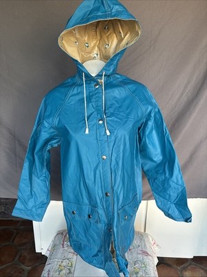 Vintage Reversible Rain Coat Slicker Hooded Sz M Blue / Beige with Frogs PVC
