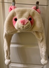 Plush Animal Hat White/Pink Bear Face Furry Winter Cap w/Ear Flaps One Size
