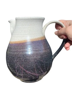 Deborah Slahta Pottery Pitcher Cream Purple Brown Splatter Texture ‘93 Read - Image 1 of 4