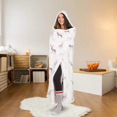 Hooded throw wearable blanket white and grey moose