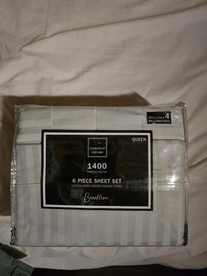 Juego de 6 piezas verde claro algodón rico satén tejido rayas 1400 hilos Queen  Foto 3 de 4