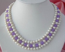 3 Rows 7-8mm Natural White Pearl & 8mm Alexandrite Gems Beads Necklace 17-19