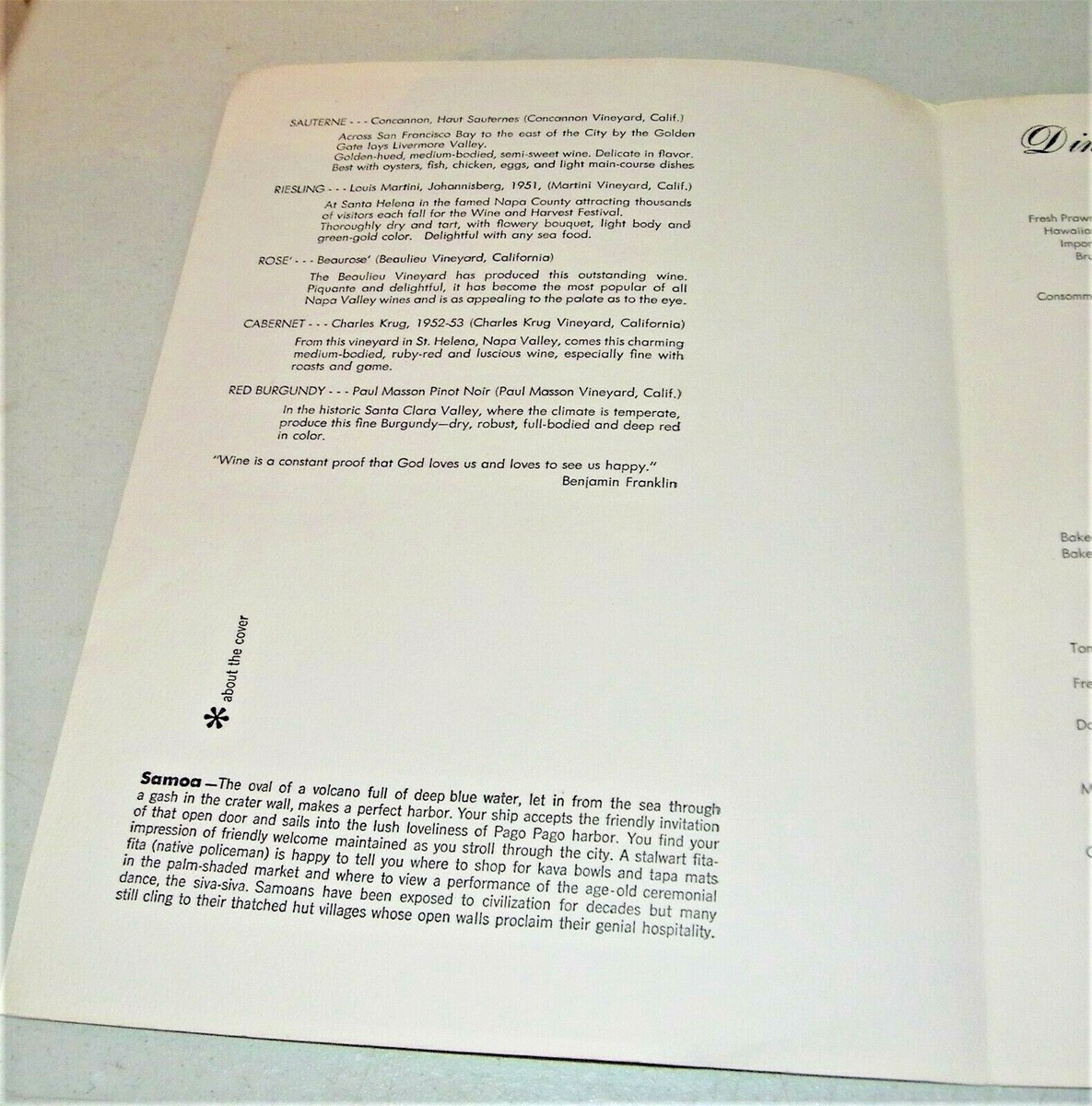 Vintage Matson Lines S S Matsonia Dinner Menu June 3 1959 to