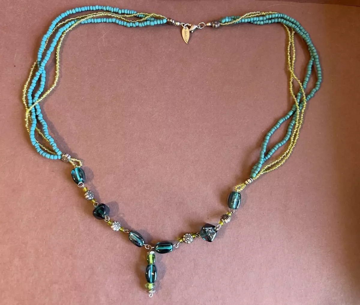 Coldwater Creek Turquoise and Green Seed Bead Necklace with Blue