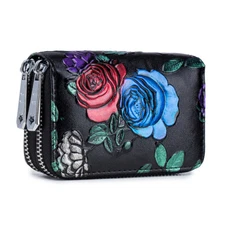 Women RFID-Blocking Card Holder Wallet Small Leather Zipper Card Slot Purse