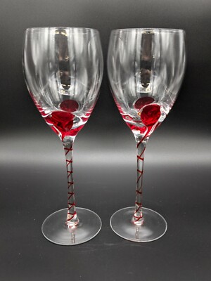 Pier 1 Hand Blown Wine Glasses Red Laced Ribbon Stemmed 2pc