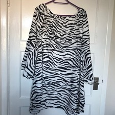 SheIn Zebra Print Dress Size Large L Long Sleeve Off Shoulder Satin Knee Length