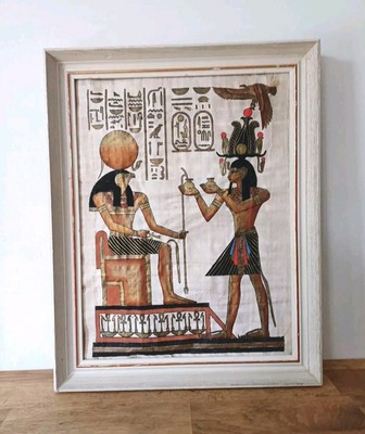 Handbemalter ägyptischer Papyrus ''Ramses II präsentiert Ra heiliges Wasser'' gerahmt 