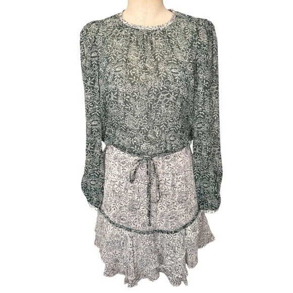 OFF WHITE Mini abito Veronica Barba Dorado Increspature Floreale Seta Verde e Bianco sporco Taglia:0