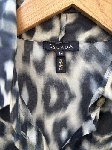 Escada Top 34 Gray Black Leopard Print Shirt Collared V Neck Blouse - Picture 4 of 6