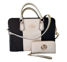 MINT Dasein Faux Leather Silver/Black Satchel Handbag Purse Shoulder Bag Wallet